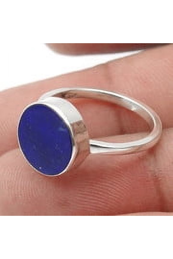 Round Lapis Lazuli Gemstone 925 Sterling Silver Statement Birthday Ring Jewelry