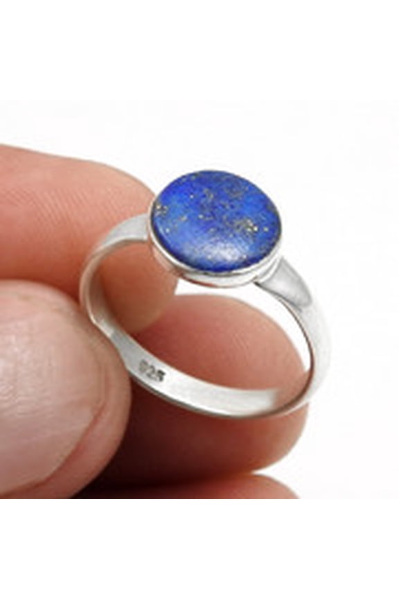 Round Lapis Lazuli Stone 925SolidSilver Bezel Band Artisan Ring Jewelry Size 7