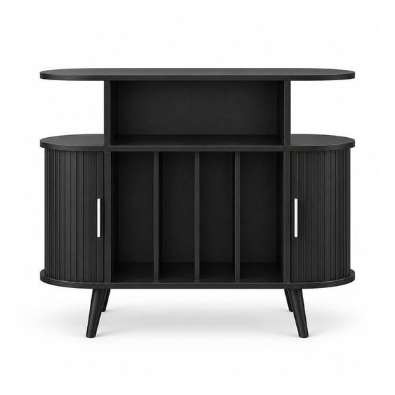 Round Large Record Player Stand with Charging Station, Black Mid-Century Style Turntable Cabinet, Fluted Vinyl Record Storage, Arched Wooden Table for Living Room