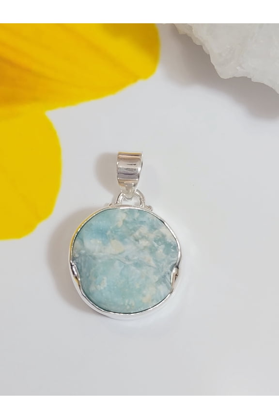 Round Larimar Pendant, Solid 925 Sterling Silver, Larimar Jewelry, Dominican Republic, Rough Larimar Jewelry, Mothers Day, Gift for Her