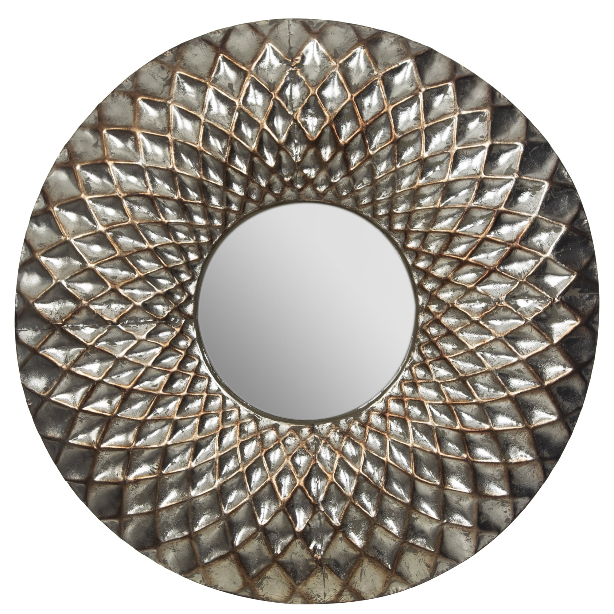 Round Lattice Embossed Metal Frame Wall Mount Mirror, Hammered Bronze, 32 x  32 