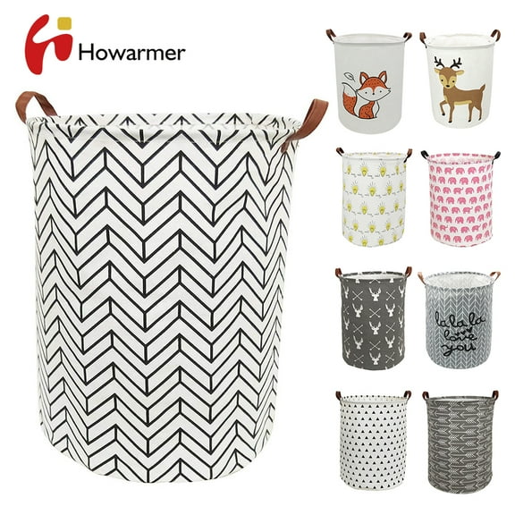 Round Laundry Basket, 19.7" Baby Storage Basket for Girls, Waterproof Large Canvas Laundry Hamper for Nursery Clothes Toys College Dorms Organizer, Black V