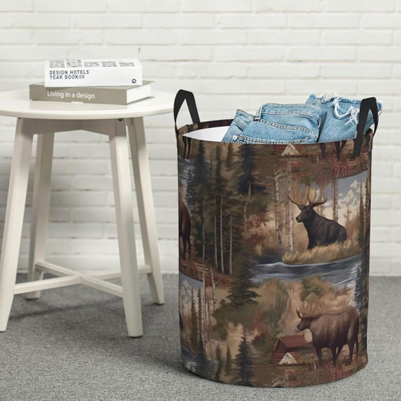 Round Laundry Basket with Handles Waterproof Laundry Hamper for Bathroom Rustic Lodge Bear Moose Circular Storage Basket Lightweight Organizer Basket for Dirty Clothes Dirty Clothes Hamper
