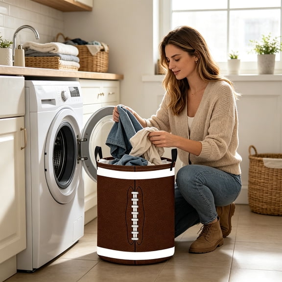 Round Laundry Basket, Soccer-Themed Prints Storage Basket For Home, Cylindrical Clothes Hamper With Handle, Brown, 19.7x13.8 Inch