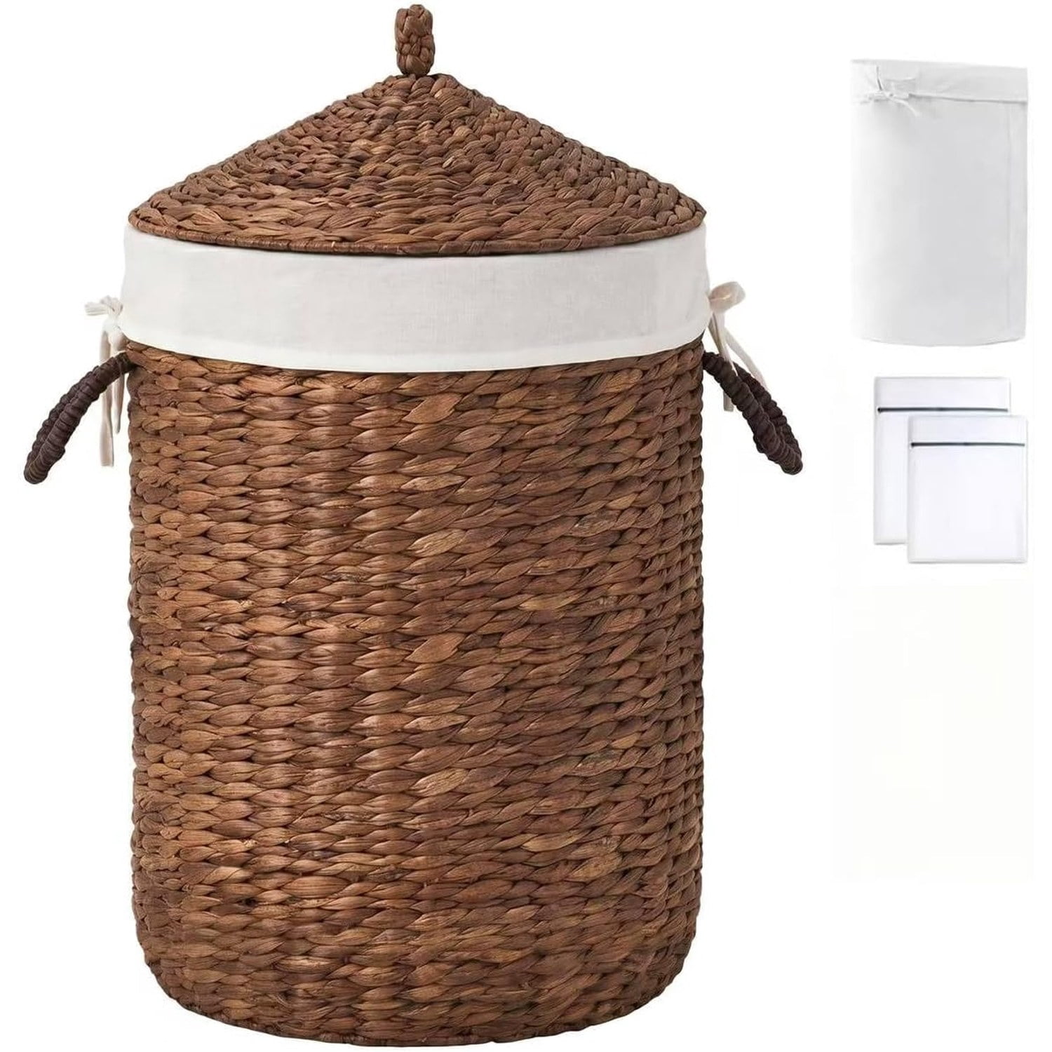 Round Laundry Hamper with Lid, Woven Natural Water Hyacinth, 17.52 in Diameter x 20.87 in Height