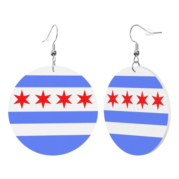 Round Leathe Dangle Earrings For Women Chicago Flag Style Circle Shape Drop Earrings Jewelry