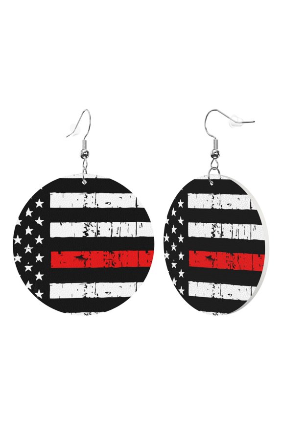 Round Leathe Dangle Earrings For Women Red Line Flag Circle Shape Drop Earrings Jewelry