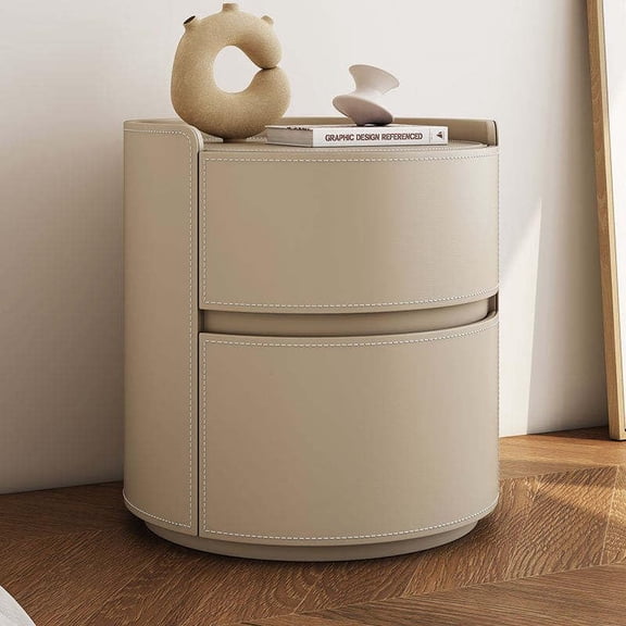 Round Leather Bedside Table, Modern Slate Top Side Table with 2 Drawers for Bedroom, Hotel, or Luxury Living