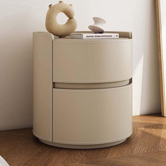 Round Leather Bedside Table, Modern Slate Top Side Table with 2 Drawers for Bedroom, Hotel, or Luxury Living