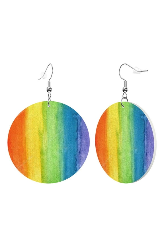 Round Leather Earrings For Women Abstract Striped Rainbow Drop Earrings Lightweight Dangle Earrings