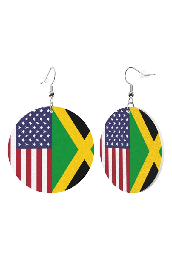 Round Leather Earrings For Women America Jamaica Flag Drop Earrings Lightweight Dangle Earrings