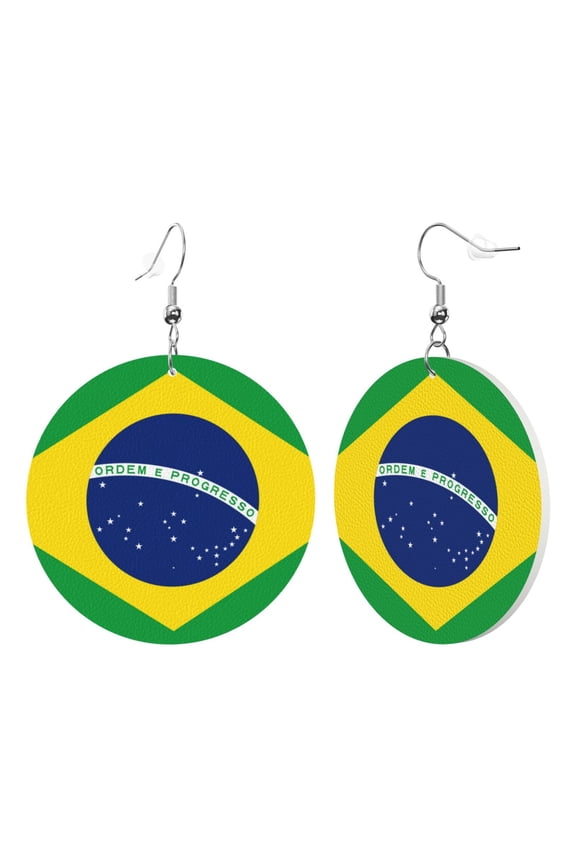 Round Leather Earrings For Women Flag Of Brazil Drop Earrings Lightweight Dangle Earrings
