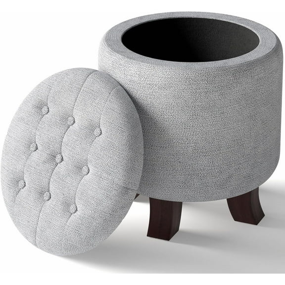 Round Leather Foot Rest Stool, Upholstered Small Ottoman Chair with Storage for Living Room & Bedroom, Decorative Home Furniture