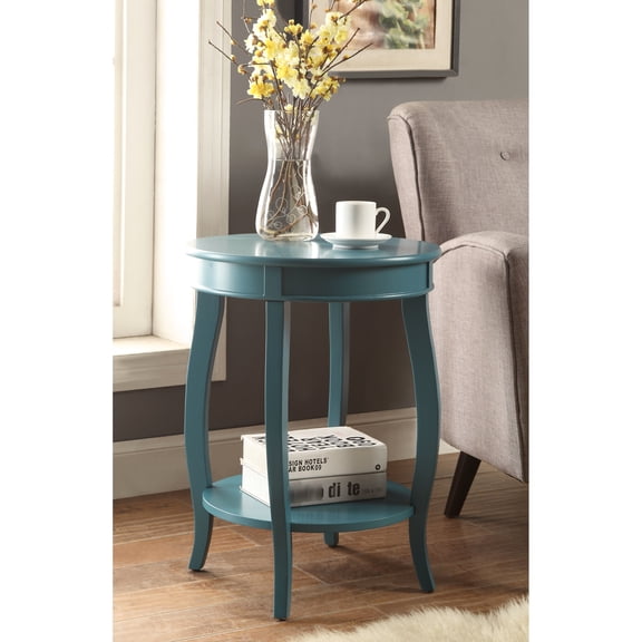 Round Leg Accent Table With Teal - Open Storage And Wooden Top Shelf Composite Material