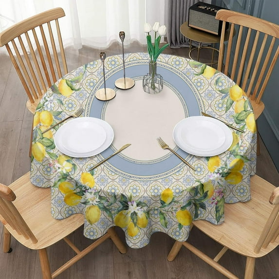 Round Lemon Tablecloth 60x60inch, French Lemon Country Farmhouse Spring Summer Waterproof Wrinkle Resistant Washable Tablecloth for Indoor and Outdoor, Holiday Kitchen Restaurant and Party