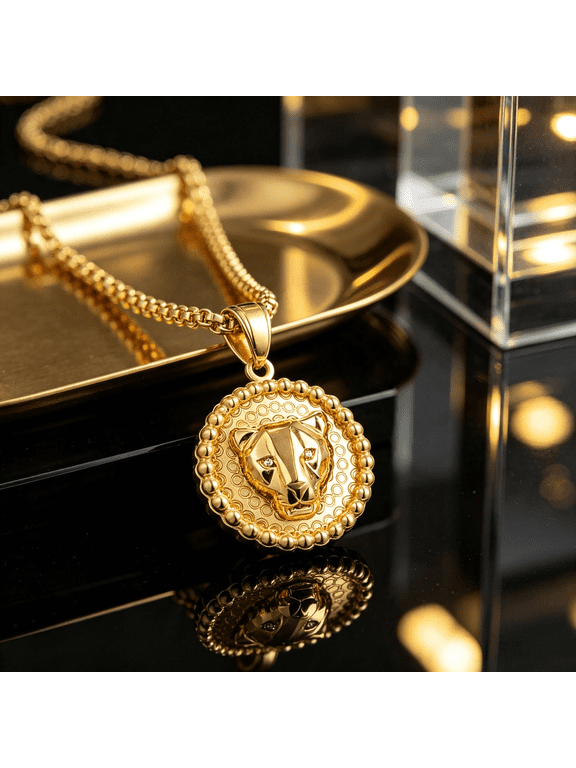 Round Leopard Head Motif Pendant Collar Chain Necklace For Men Women, 14K Gold Filled Clean Silhouette Sophisticated Timeless Craft Jewelry