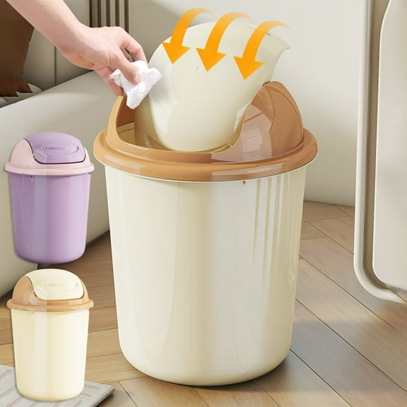 Round Lidded Trash Can - Keeps Home & Office Spaces Tidy, Odor-Control Plastic Waste Bin for Office & Bathroom, Compact Desk Side Bin, Easy-Clean Garbage Bin with Secure Lid, 9.8*14.3in, Khaki