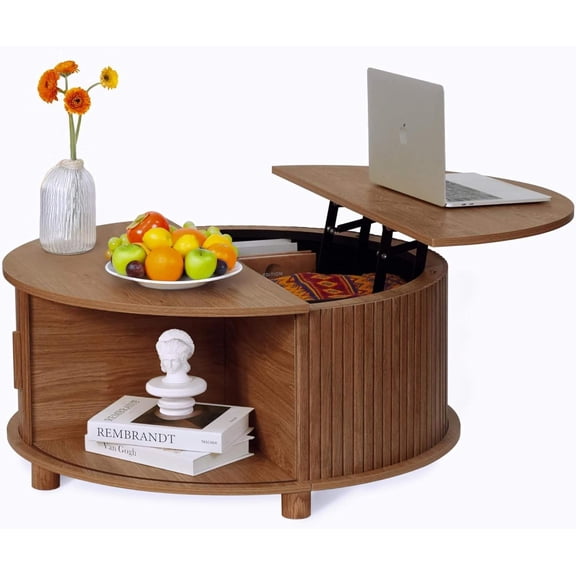 Round Lift Coffee Table with Storage, Modern Center Table with 180 Sliding Tambour Door, Small Circle Wood Fluted Dining Table for Living Room, Walnut