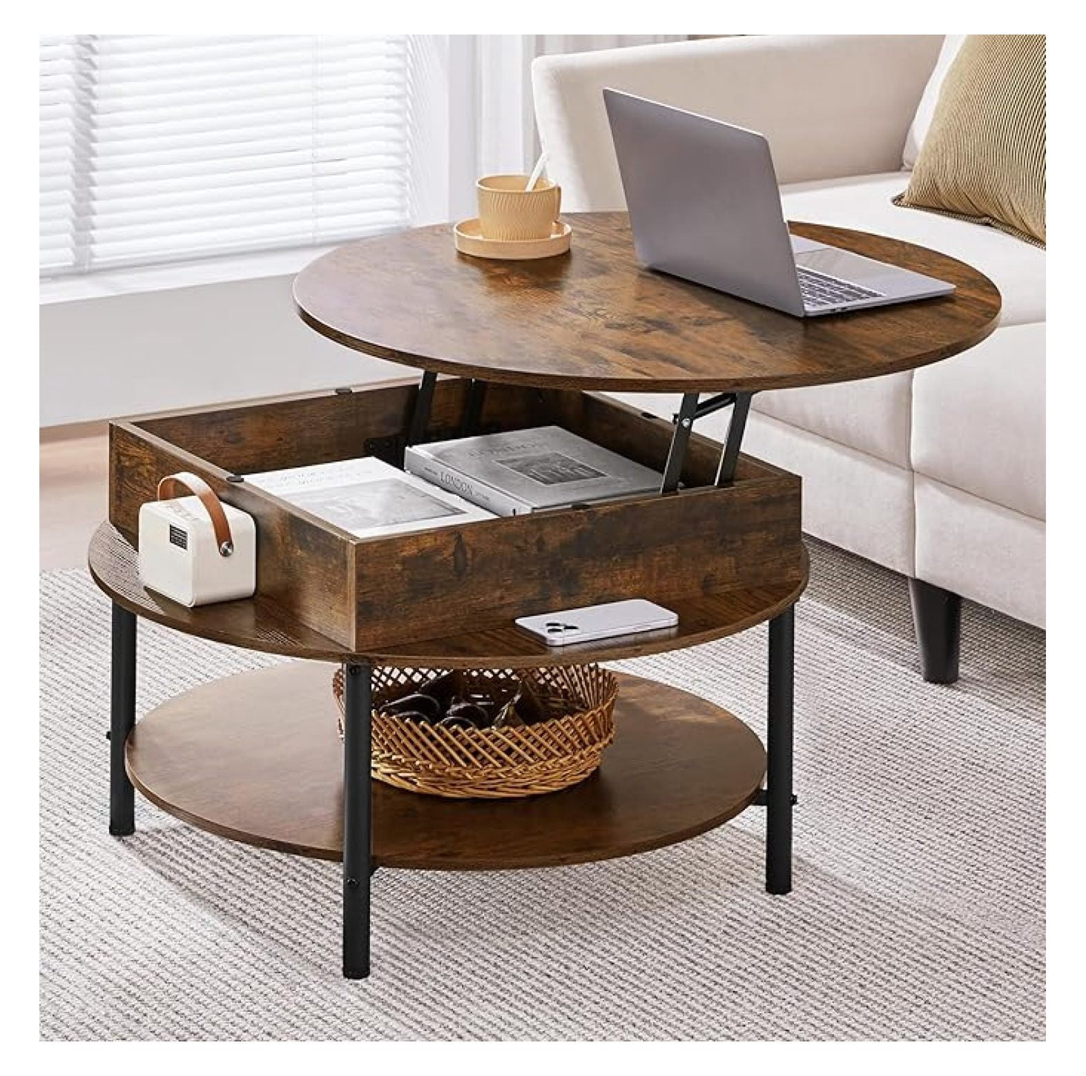 Small Table Compartment Round Lift Top Coffee Table with Compartment & Storage Shelf, 31 ...