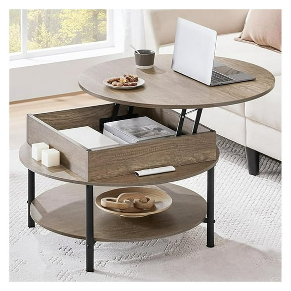 "round lift-top coffee table with concealed storage and shelf, 31 inch farmhouse style center table, two-level compact coffee ta