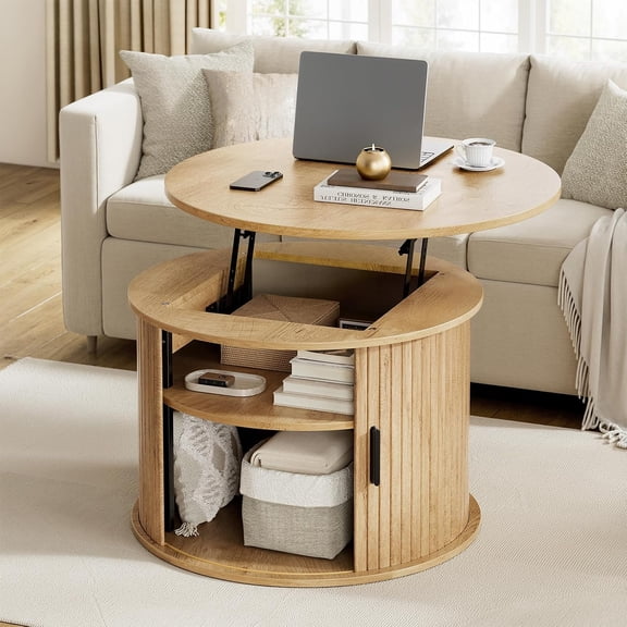 Round Lift Top Coffee Table, Fluted Wood Accent Coffee Table with Hidden Storage and Open Shelves, Drum Table with Sliding Rolling Door, Small Center Table Dining Table for Living Room, Wood