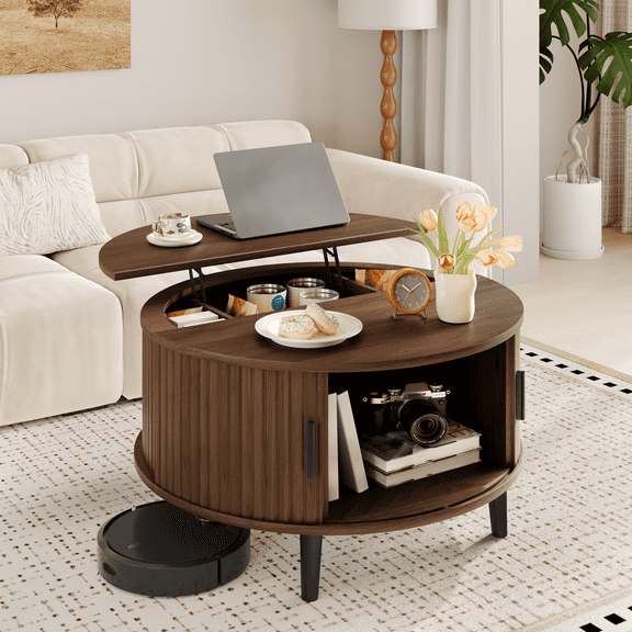 Round Lift Top Coffee Table with Hidden Storage Space Storage & Sliding Door, Mid Century Modern Wooden Center Table for Livingroom, Small Space, Small Space, Apartment, Walnut