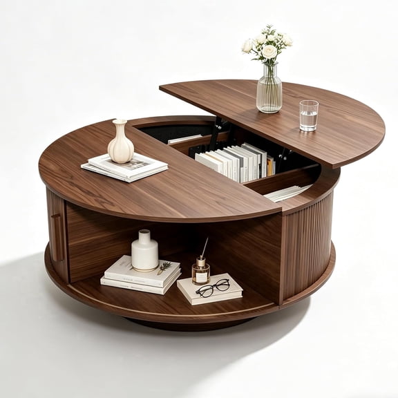Round Lift Top Coffee Table, Mid Century Modern Fluted Circle Coffee Table with Hidden Storage Compartment for Living Room, Walnut