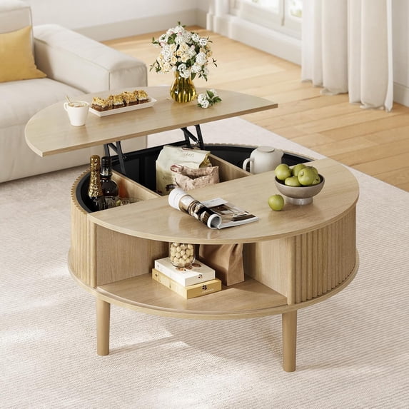 Round Lift Top Coffee Table, Modern Coffee Table with 180° Curved Sliding Door, Fluted Accent Coffee Tables with Hidden Storage and Open Shelves, for Living Room, Office, Oak