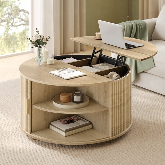 Round Lift Top Coffee Table, Modern Coffee Table with 180° Curved Sliding Door and Hidden Storage for Living Room, Office, Oak