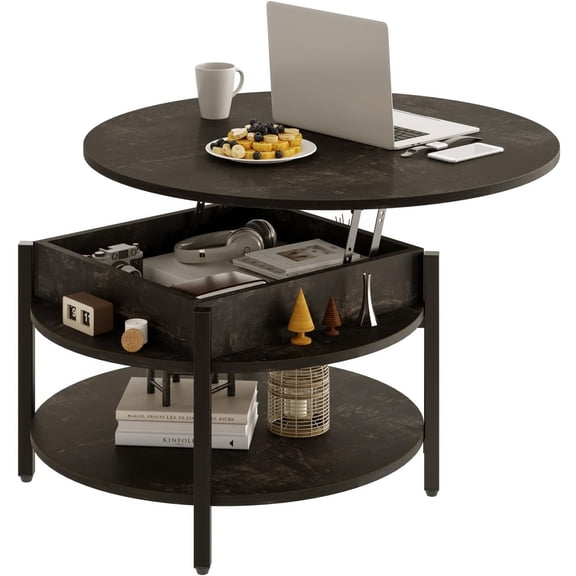 Round Lift Top Coffee Table with Storage and Compartment, 26.77'' Coffee Table for Living Room Reception Room, 2 Tier Small Round Coffee Table Circle Dining Table, Black Oak | Lift Top