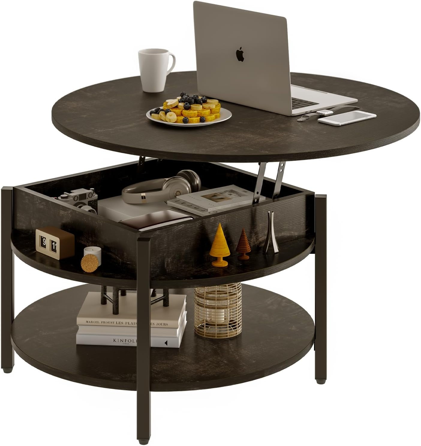 Round Lift Top Coffee Table with Storage and Hidden Compartment, 26.77 ...