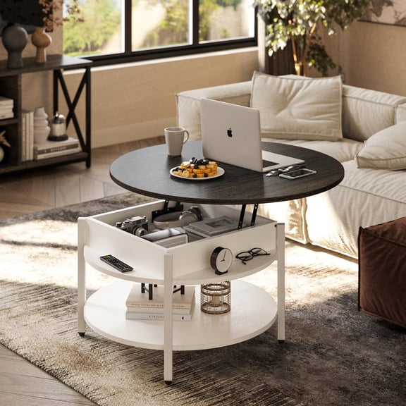 Round Lift Top Coffee Table with Storage and Hidden Compartment, 26.77'' Farmhouse Coffee Table for Living Room Reception Room, 2 Tier Small Round Coffee Table Circle Dining Table, White