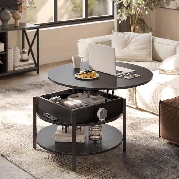 Round Lift Top Coffee Table with Storage and Hidden Compartment, 26.77'' Farmhouse Coffee Table for Living Room Reception Room, 2 Tier Small Round Coffee Table Circle Dining Table, Black