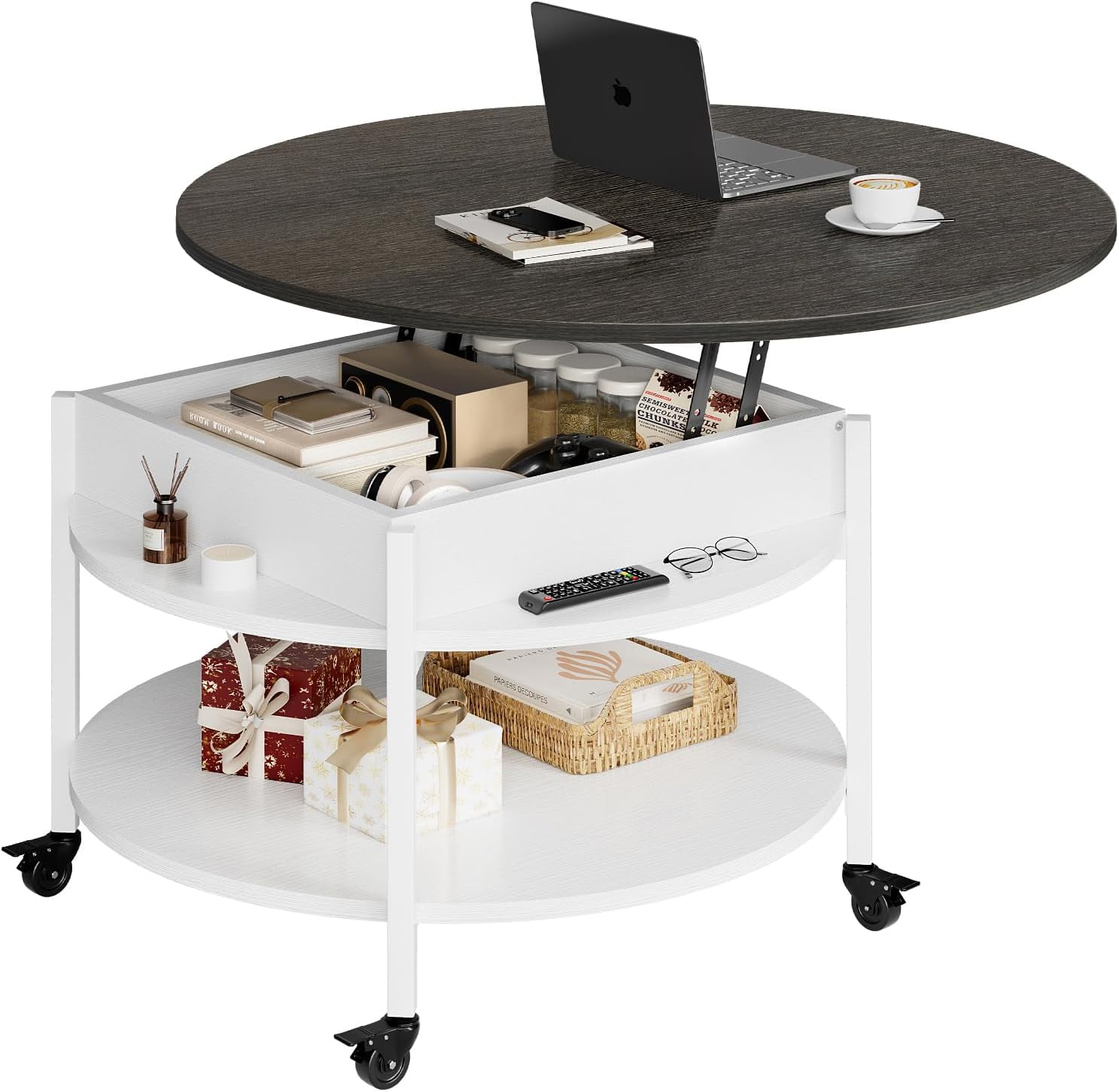 Antique White Round Lift-Top Coffee Table with Storage