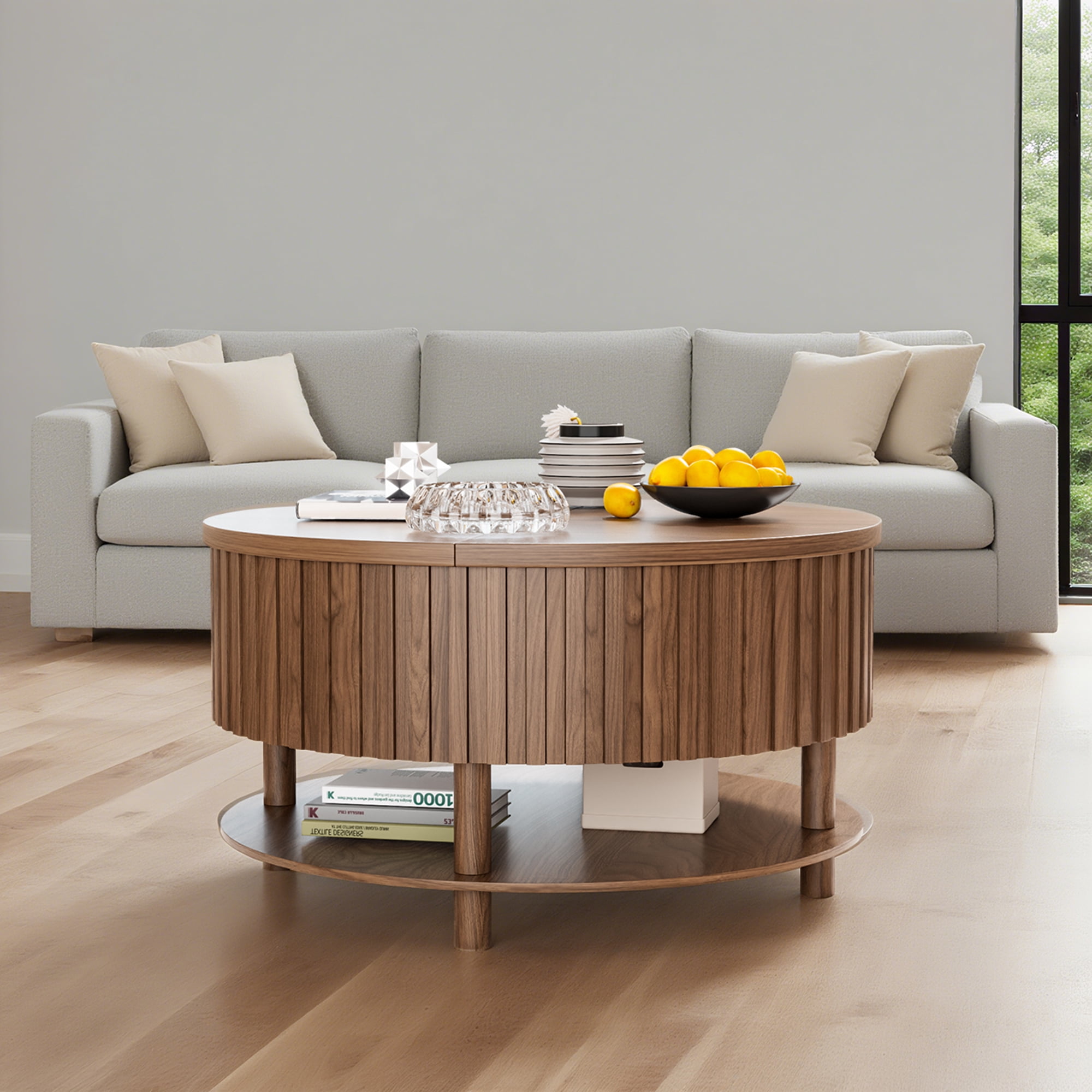Round Lift Top Coffee Table with Storage, 2-Tier Center Table with Hidden Compartment, Circle Coffee Table with Open Shelf for Living Room, Walnut
