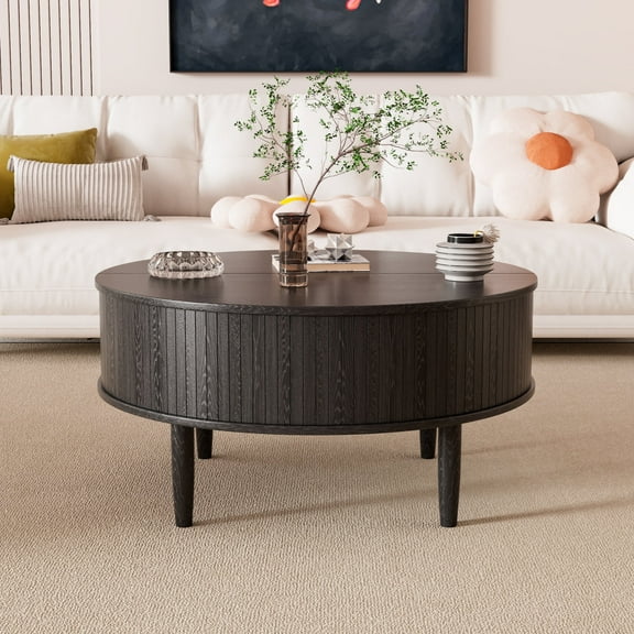 Round Lift Top Coffee Table with Storage, Center Table with Hidden Compartment, Circle Coffee Table for Living Room, Black
