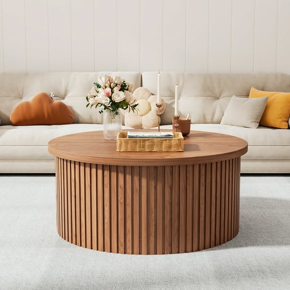 Round Lift Top Coffee Table with Storage Farmhouse Center Table with Hidden Compartment Circle Sofa Table for Living Room Walnut