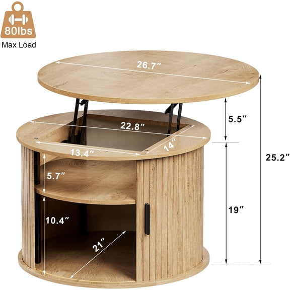 Round Lift Top Coffee Table with Storage Fluted Wood Accent Drum Table Sliding Door Hidden Compartment for Living Room