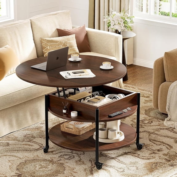 Round Lift Top Coffee Table with Wheels, Espresso Rolling Center Table for Living Room Storage