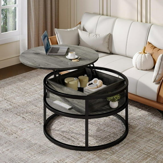 Round Lift Top Coffee Tables for Living Room with Hidden Storage Compartment, Modern Grey Coffee Table with Storage 2 Tiers for Home Decor Office Round Center Tables Living Room Table, Grey