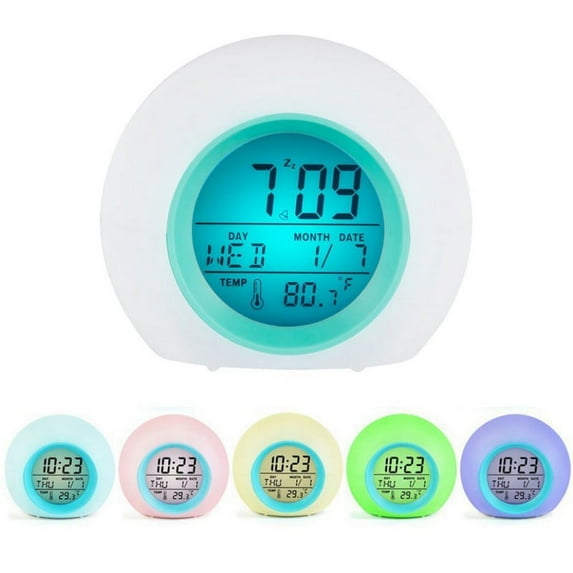 Round Light Gradient Alarm Clock, LED Light Digital Alarm Clock Desktop Table Alarm Clock