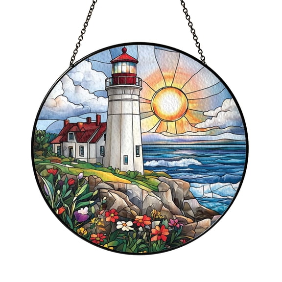 Round Lily Stained Glass Style Window Decor – Floral Panel
