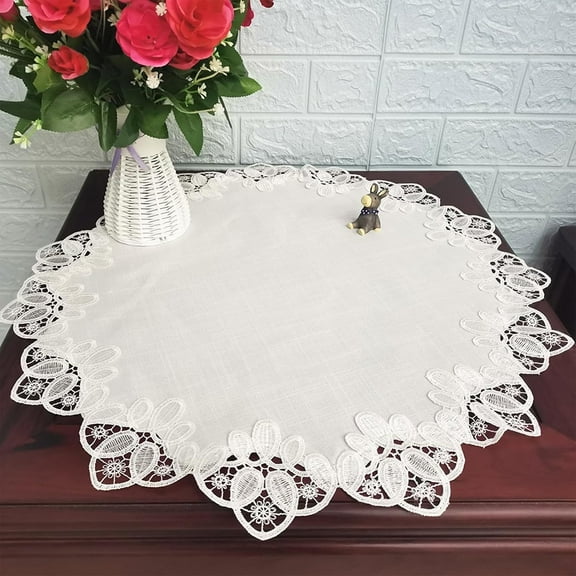 Round Linen Doily, 24 * 24in White Table Cover with Lace Trim, Coffee Table Topper Vintage Tablecloth for Room Kitchen Wedding Decor (60 * 60cm)