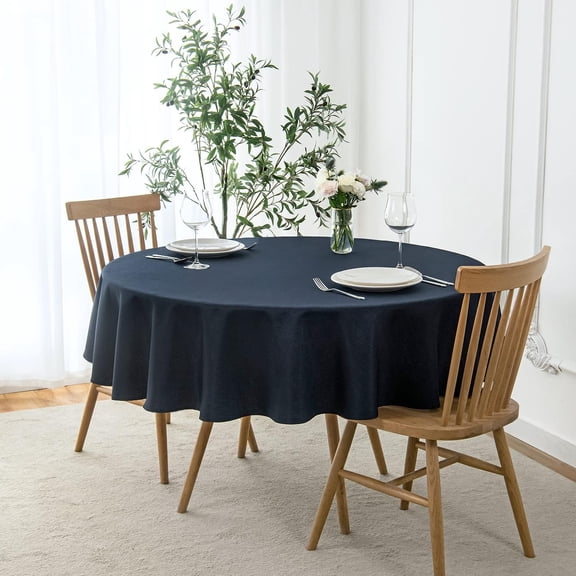 Round Linen Looking Textured Tablecloth Spill-proof Wrinkle Free Soft Jacquard Table Cloth for Circular Table Cover, for Dining Room Buffet Banquet Parties Holiday Dinner, 60 Inch Navy Blue