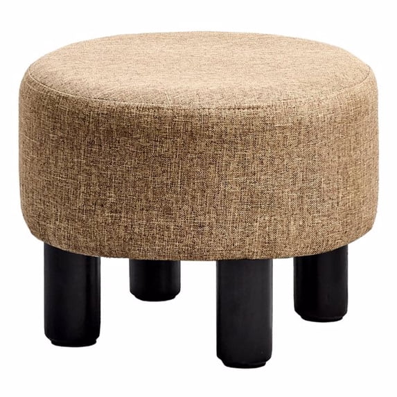 Round Linen Ottoman Foot Stool – Padded Footrest with Non-Skid Pine Legs, Soft Step Stool for Couch, Desk, Dorm, Office, Hallway Black