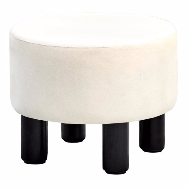 Round Linen Ottoman Foot Stool – Padded Footrest with Non-Skid Pine Legs, Soft Step Stool for Couch, Desk, Dorm, Office, Hallway White