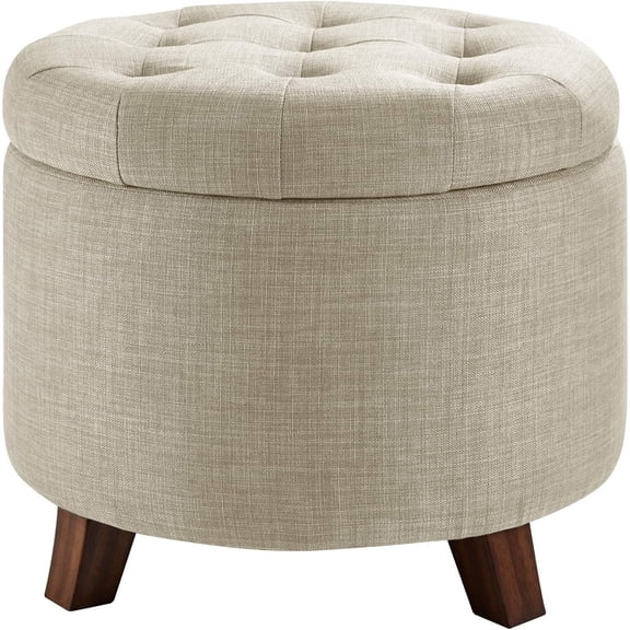 Round Linen Ottoman with Storage, Tufted Upholstered Footstool for Living Room and Bedroom, 20" x 17", Linen Burlap Beige
