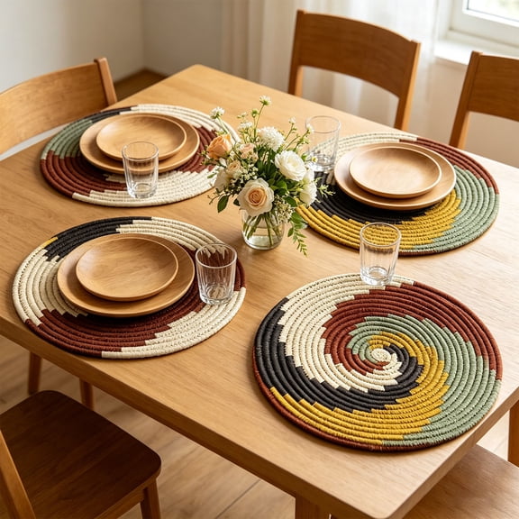 Round Linen Placemats Set Of 4 Boho Macrame Woven Cotton Table Mats for Dining Table Heat Insulation Pad Farmhouse Kitchen Rustic Home Decor Tassel Fringe Place Mats for Family Dining