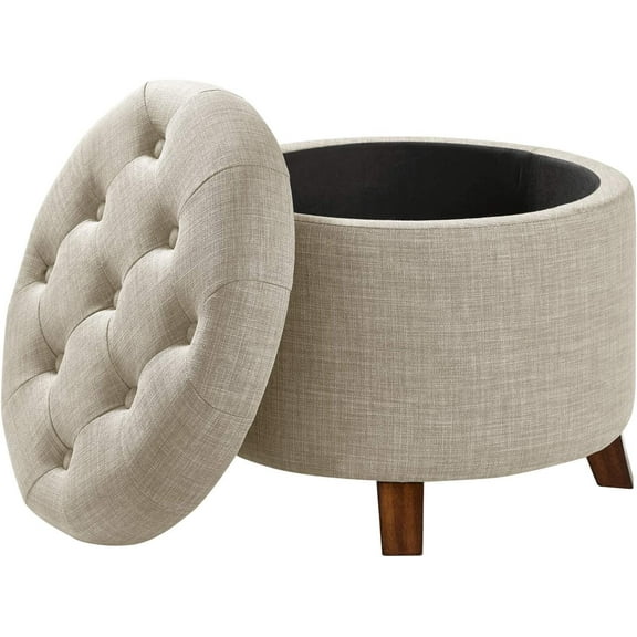 Round Linen Storage Ottoman Footstool, Tufted Upholstered Ottoman with Hidden Storage, 20"x17", Beige Linen Burlap for Bedroom & Living Room
