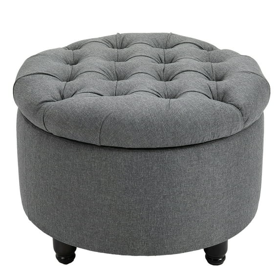 Round Linen-Touch Fabric Storage Ottoman Grey